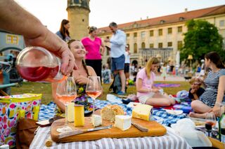 Sommerlich gekleidete Menschen genießen ein köstliches Picknick auf der Wiese vor dem Stadtschloss Weimar.
