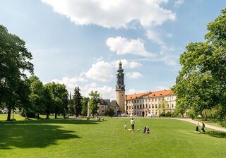 Stadtschloss und Bastille Eine weitläufige Wiese mit Menschen, die sich entspannen, umgeben von Bäumen und dem Weimarer Stadtschlossturm im Hintergrund.