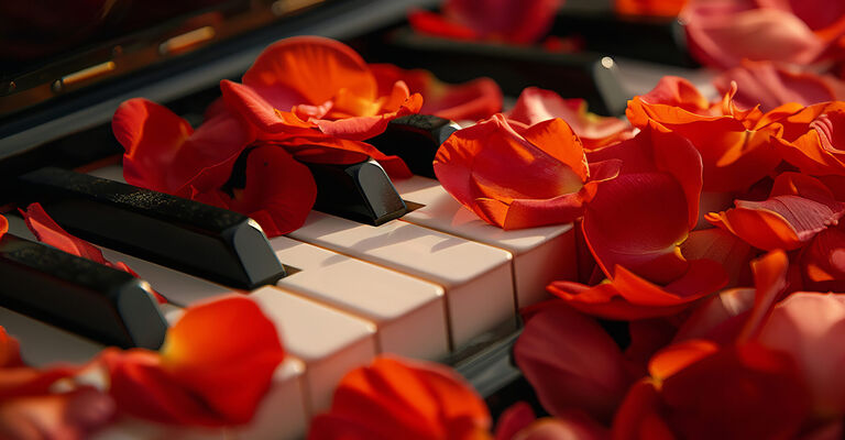 Intimate concert of petals and piano keys in a lush botanical composition